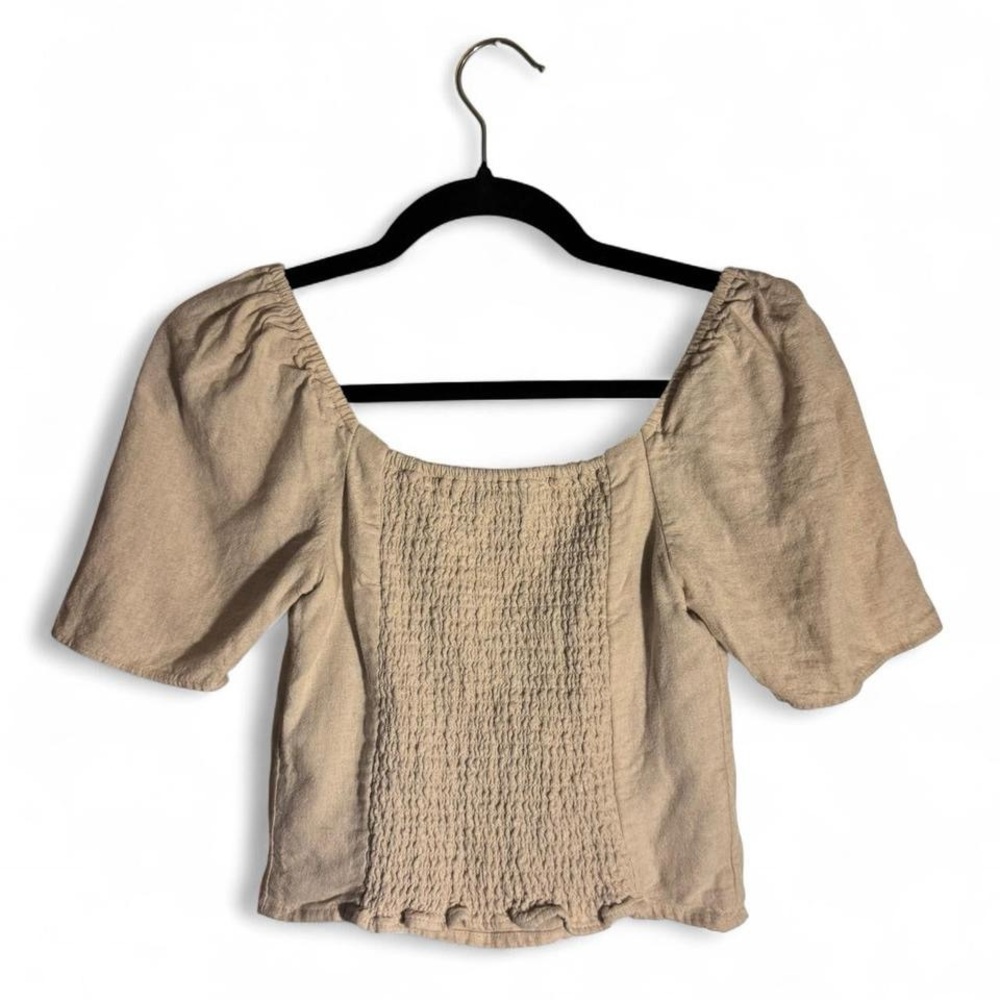 Abercrombie & Fitch Linen-Blend Puff Sleeve Smocked Crop Top XS - Picture 3 of 8